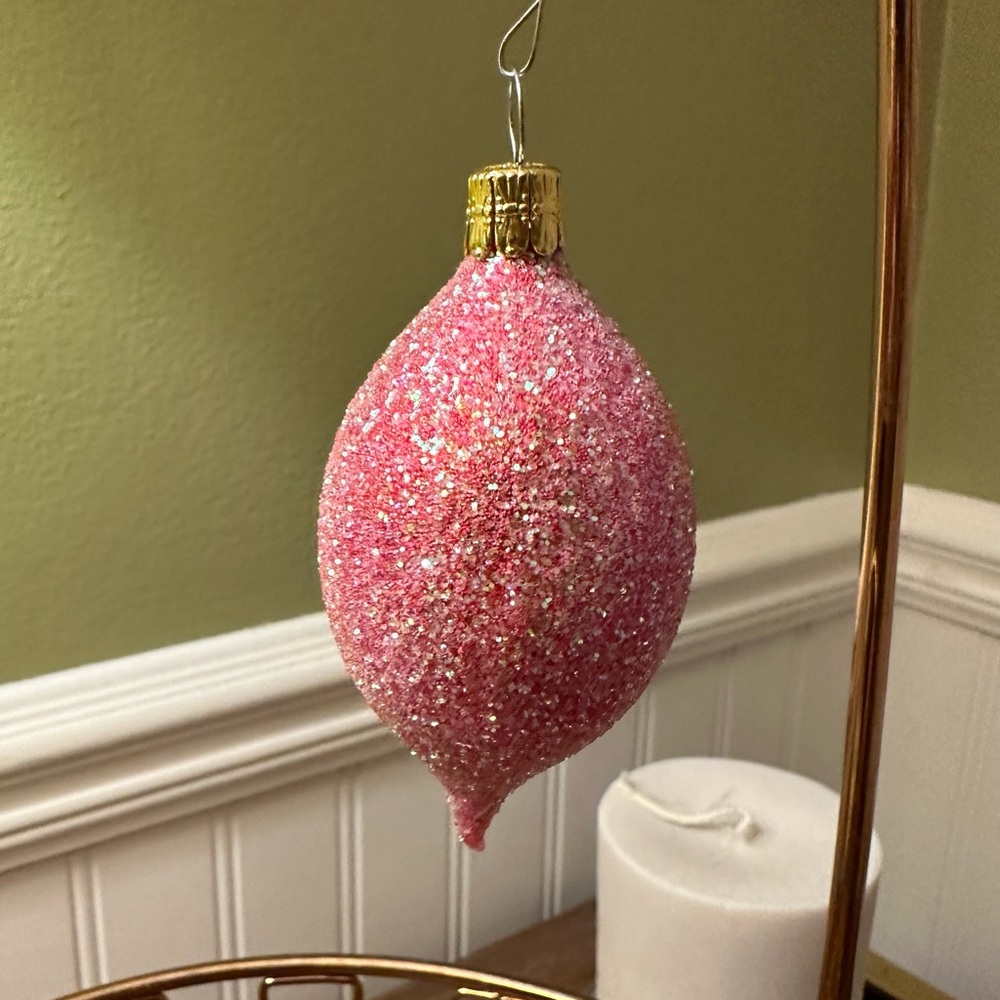 Red Pink Frosted Glass Hand Blown Egg Elongated Oval Ornament - Czech Republic
